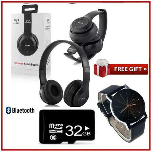 P47 Bluetooth Wireless Foldable Headphone+ 32GB Memory Card + Watch .