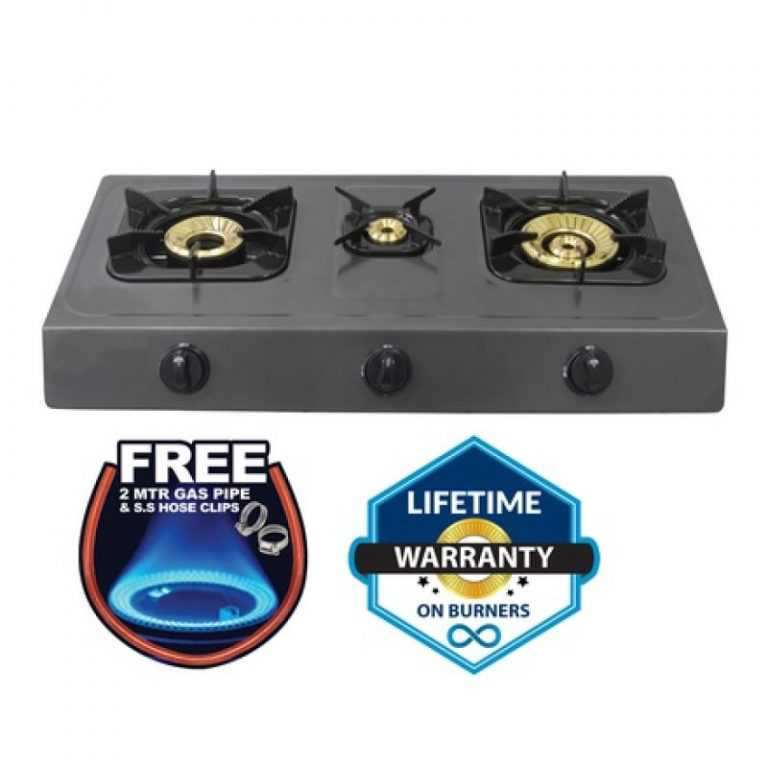 Mika Gas Stove, Table Top, Triple Burner, Non Stick Body