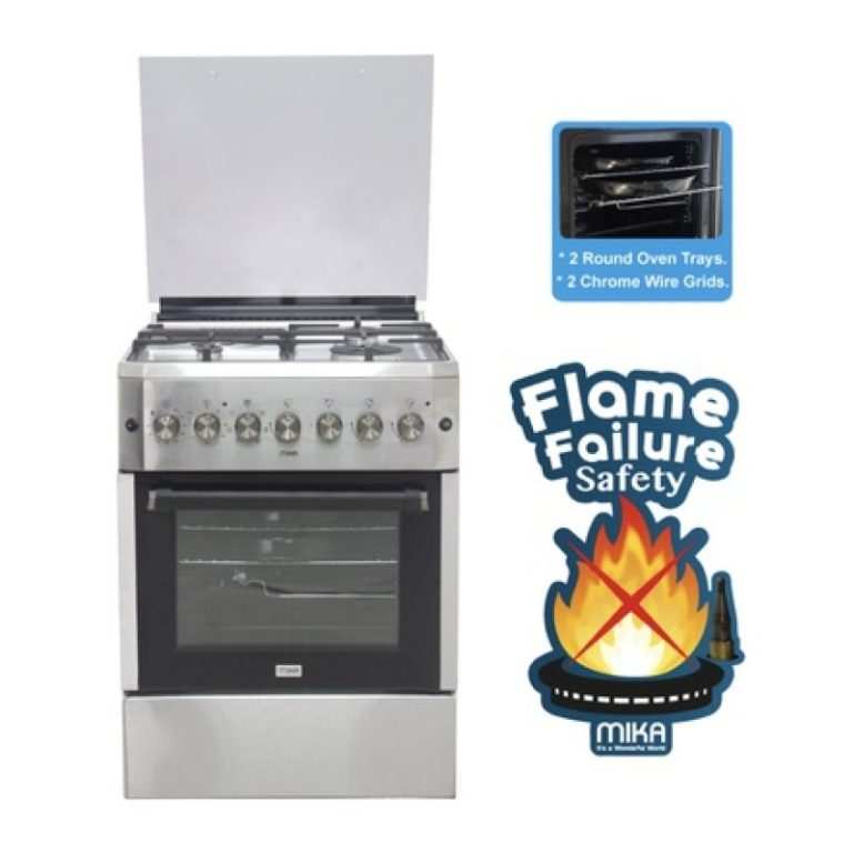 Mika Standing Cooker, 60cm x 60cm, 3 Gas Burner + 1 Electric Plate, Half Inox