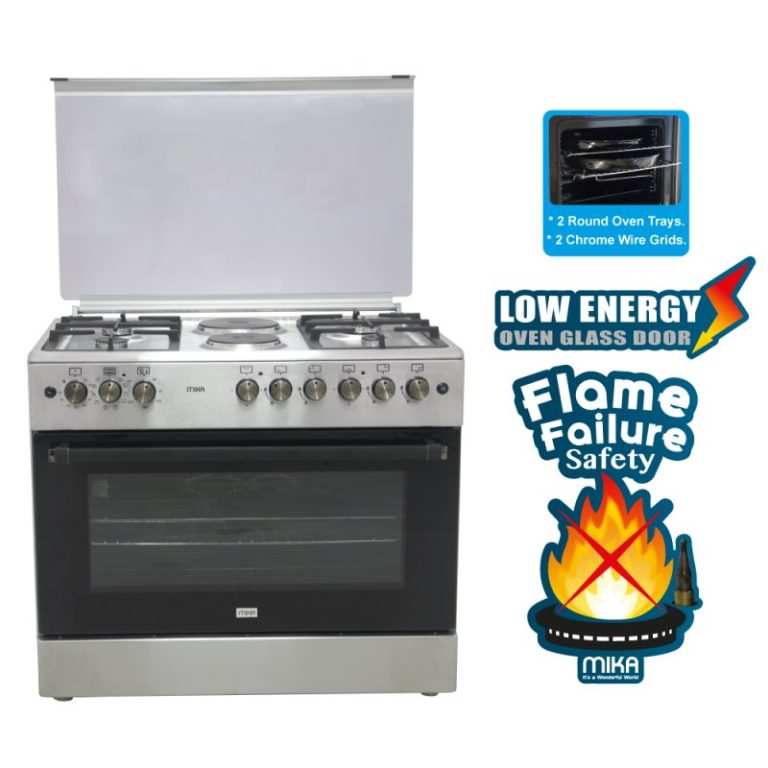 Mika Standing Cooker, 90cm X 60cm, 4 + 2, Electric Oven, Half Inox