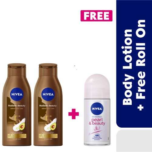 Nivea Radiant & Beauty Advanced Care Lotion For Women - 400ml (Pack Of 2) + Pearl & Beauty Anti-Perspirant Rollon For Women, 48h - 50ml