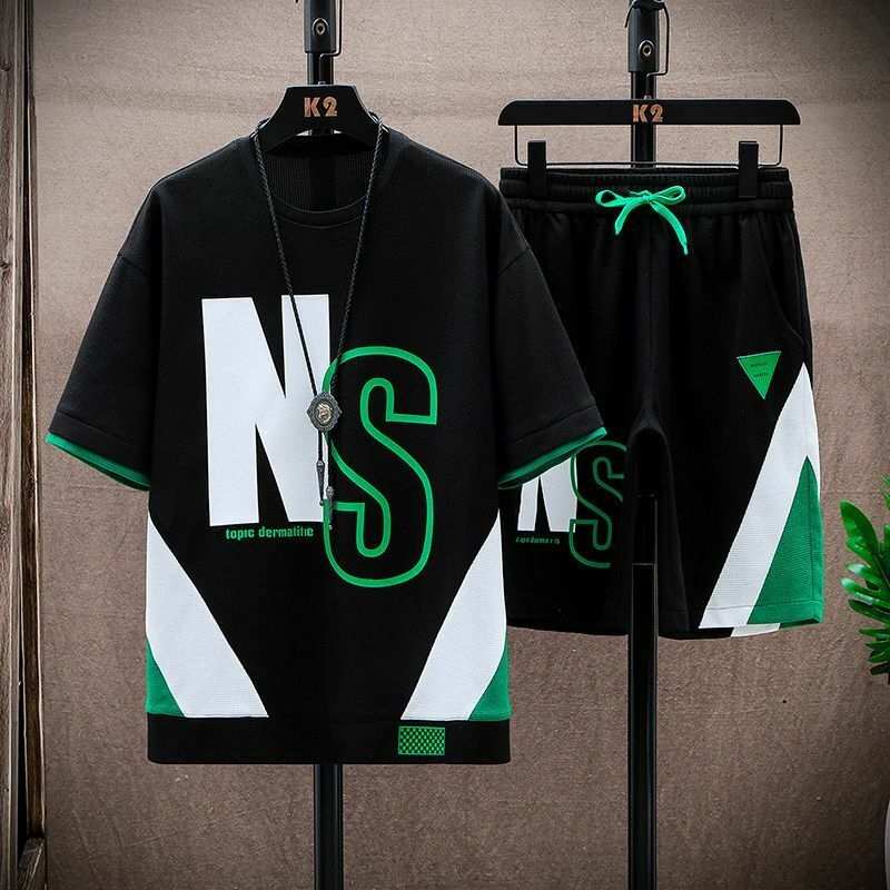 Fashion Summer Men's New Fashion Casual Sports Retro Street T-shirt Shorts Two-Piece Set