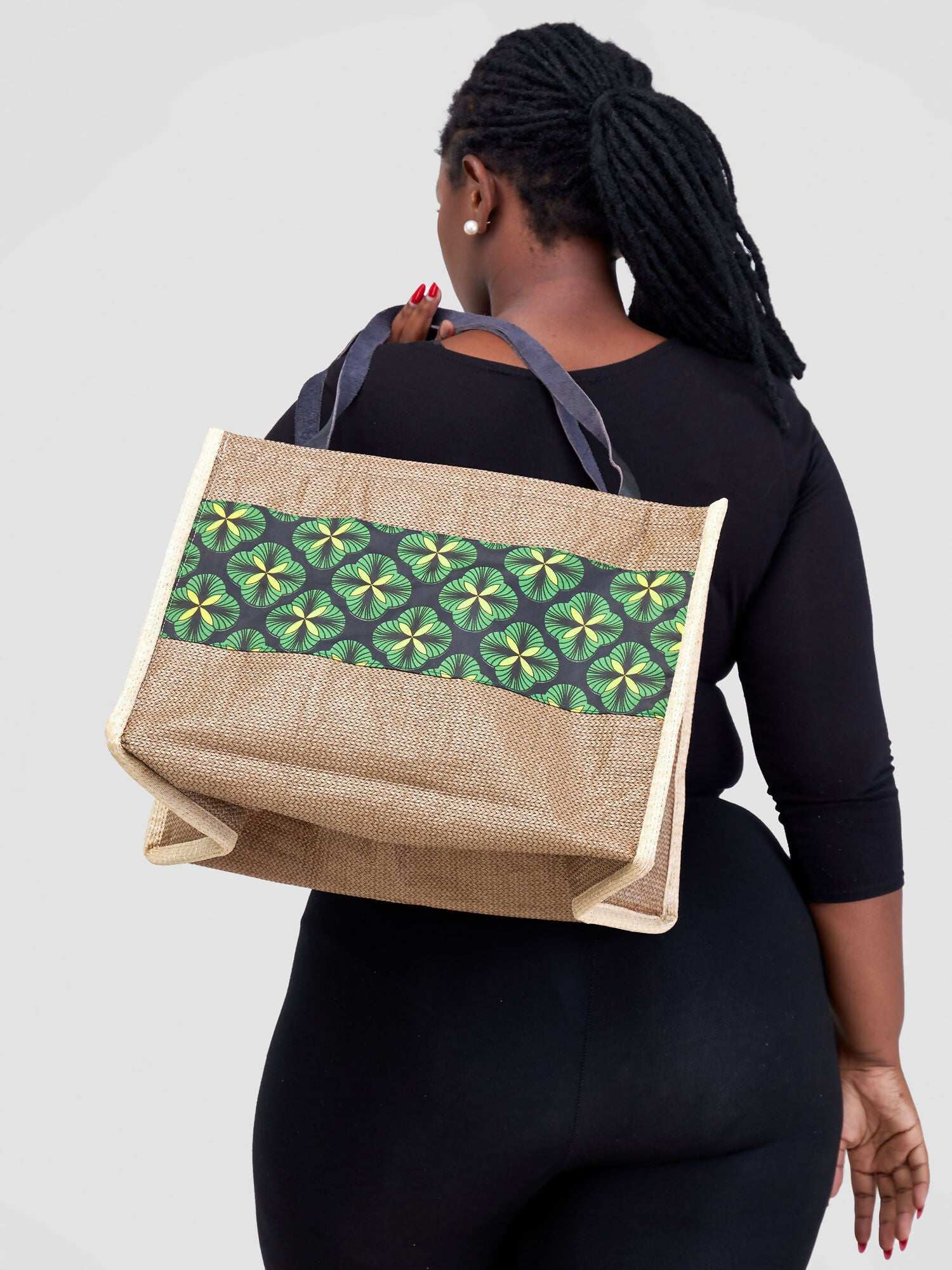 Jute Tote Bag - Brown / Green Print - image 2