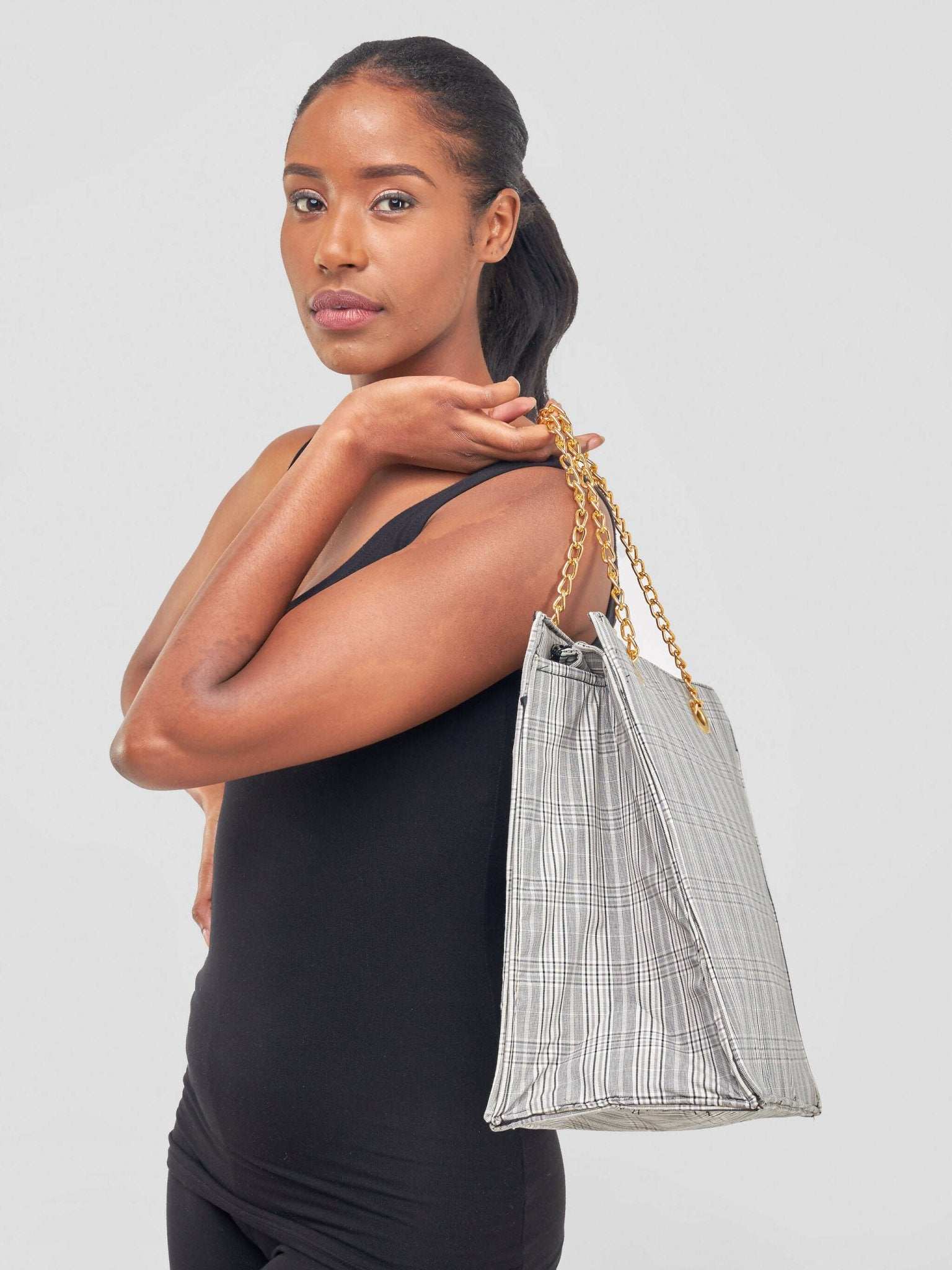Khay Designs Chained Handbag - Black/White Checked - image 4