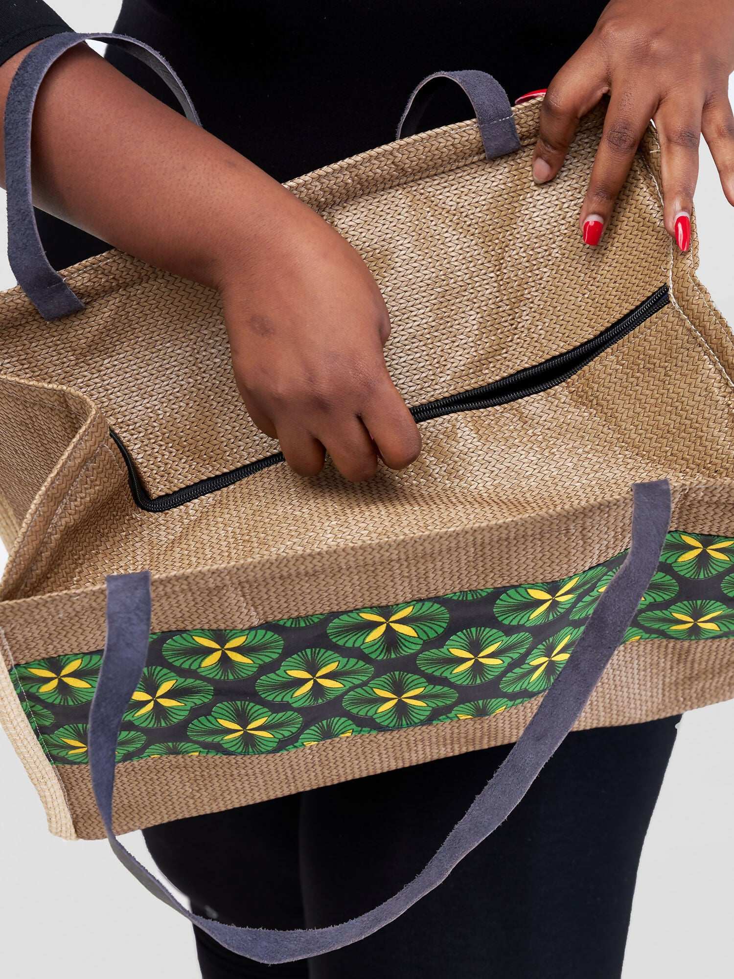 Jute Tote Bag - Brown / Green Print - image 1
