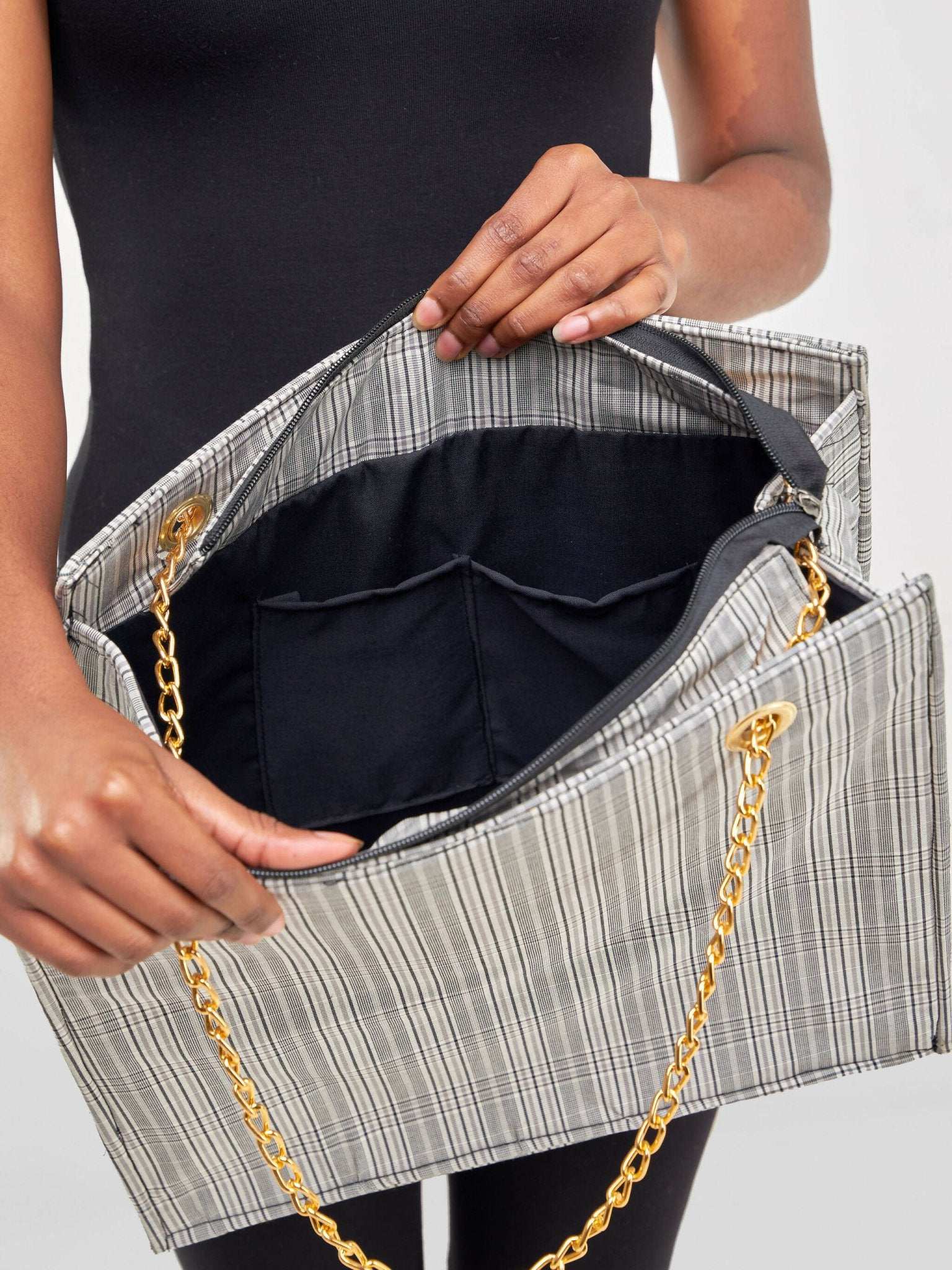 Khay Designs Chained Handbag - Black/White Checked - image 5