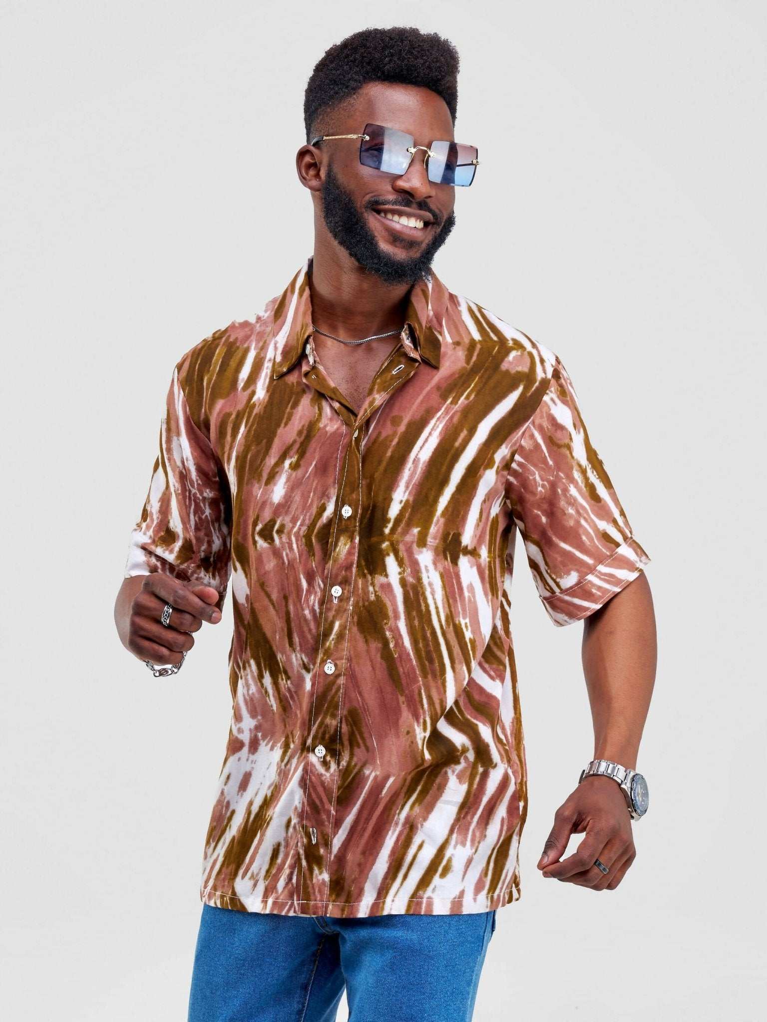 Vazi Afriq Tie & Dye Normal Collar Shirt - Green / Brown - image 2